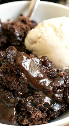 a bowl filled with chocolate cake and ice cream