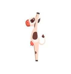 a cartoon cow standing on its hind legs with one leg in the air and another arm out