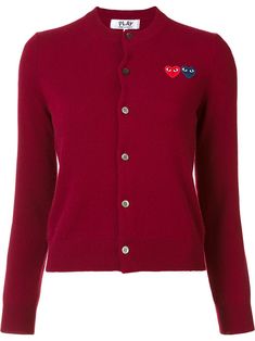 Burgundy wool double heart cardigan from Comme Des Garçons Play. | Comme des Garçons PLAY Double Heart Cardigan Woolen Tops, Red Cardigan Sweater, Burgundy Cardigan, Heart Cardigan, Crew Neck Cardigan, Purple Cardigan, Comme Des Garcons Play, Red Cardigan, Pink Cardigan