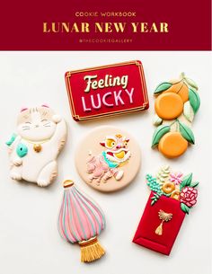 some cookies that are on top of a white surface with the words feeling lucky written in red