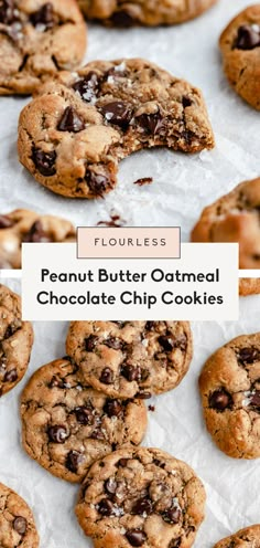 peanut butter oatmeal chocolate chip cookies on parchment paper with text overlay