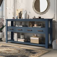 a living room with a blue console table