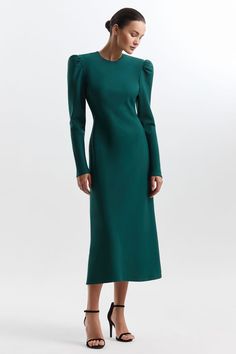 Brilliant Hot Green Evening Dress Long-sleeved Puff Sleeve Cocktail Dress With Fitted Bodice, Formal Long Sleeve Puff Sleeve Dress, Formal Fitted Long Sleeve Puff Sleeve Dress, Fitted Long Sleeve Puff Sleeve Dress For Dinner, Fitted Dress With Structured Shoulders And Bishop Sleeves, Fitted Bodice Puff Sleeve Long Dress For Evening, Fitted Green Midi Dress With Elastic Sleeves, Green Fitted Midi Dress With Elastic Sleeves, Elegant Green Puff Sleeve Dress With Gathered Sleeves