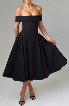 The elegant Miranda midi is made for those chic evenings, date nights and beyond. Cut from luxe stretch crepe, this style cinches at the waist with a sleek pleated Bardot neckline. The look is complete with voluminous panels to each side, and tulle in the skirt for a full look. Partner with soft glam and waves. Colour: Black. Premium stretch crepe fabric. Fully lined. Bardot neckline with pleat detail. Voluminous panels to each side. Tulle in skirt for volume. Full, dropped waist skirt. Invisibl Black A Line Midi Dress, Black Formal Dress Outfit, Wedding Guest Dress Autumn, Midi Black Dress, Luxury Black Midi Dress With Pleated Bodice, Elegant Black Midi Dress With Structured Shoulders, Black A-line Midi Dress With Pleated Bodice, Glamorous Black Off-shoulder Midi Dress, Black Off-shoulder Midi Dress With Ruffles