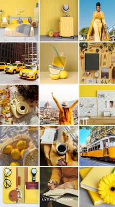 a collage of photos with yellow and brown colors