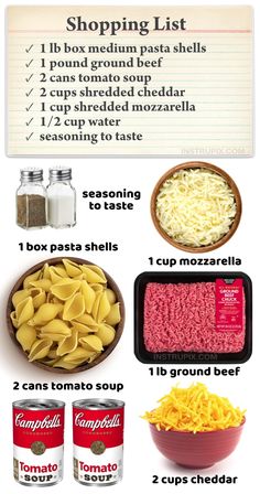 the ingredients to make this recipe include pasta, cheese and other items that are on display