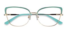 Aqua Gold horn eyeglasses available in variety of colors to match any outfit. These stylish full-rim, large sized metal eyeglasses include free single-vision prescription lenses, a case and a cleaning cloth. Wire Rimmed Glasses, Body References, Metal Frame Glasses, Metal Eyeglasses, Gold Horns, Gold Glasses, Discover Your Style, Eyeglasses Frames For Women, Funky Shoes