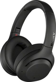 the sony headphones are black and have red buttons