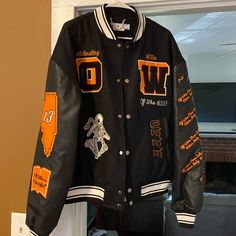 Off- White 2013 Letterman Jacket Size Large “Virgil Abloh” Rip Rare Collectable Urban Orange Long Sleeve Outerwear, Orange Streetwear Outerwear For Fall, Orange Outerwear For Streetwear In Fall, Urban Orange Outerwear For Fall, Orange Outerwear For Fall Streetwear, Black Graphic Print Outerwear For Work, Orange Winter Outerwear For Streetwear, Orange Winter Streetwear Outerwear, Off White Jacket