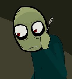 a cartoon character holding a fork and spoon in his hand with eyes wide open, staring at the viewer