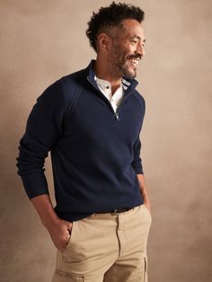 Athletic with a twist, this half-zip sweater is uses tonal texture on sumptuously soft cotton set against exposed zipper teeth at the collar—a rugged detail on a luxurious canvas.  ORGANIC: Made with certified, organically grown cotton that's easie Mens Navy Blue Sweater Outfit, Mens Half Zip Sweater, Mens Sweater Polo Outfit, Half Zip Up Sweater Outfit Men, Quater Zipper Outfit, Mens Half Zip Sweater Outfit, Half Zipper Outfit Men, Half Zip Sweater Outfit Men, Quater Zipper Outfit Men