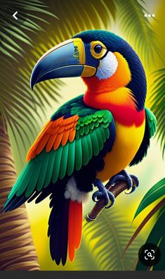 a colorful bird sitting on top of a tree branch next to palm trees and leaves