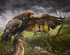 two birds sitting on top of a tree branch in the middle of a rain storm