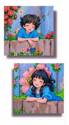 two paintings of children with flowers on them