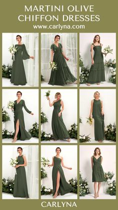 a woman in a green dress posing for pictures with her hands on her hips and the words, martini olive chiffon dresses