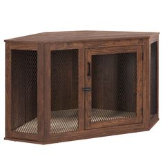 a large wooden cabinet with glass doors on the front and bottom shelves in brown wood