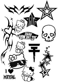 an image of some tattoos with hello kitty on the side and other symbols in black and white