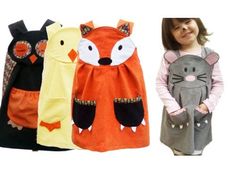 three children's hoodeds with animals on them, one in orange and the other in grey