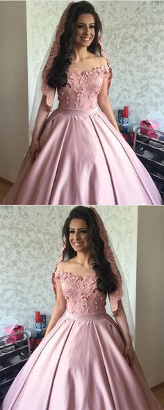 Blush Pink Satin Off Shoulder Ball Gown Wedding Dresses Lace Appliques Pink Satin Wedding Dress, Light Pink Ball Gown, Champagne For Wedding, Beautiful Quinceanera Dresses, Quinceanera Dresses Princess, Dresses For Sweet 16, Sweet 15 Birthday, Pink Quinceanera Dresses, 15 Birthday Party