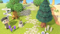 the animal crossing game is being played on an open - air field with trees and flowers