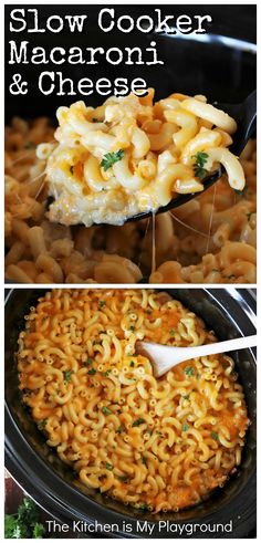 slow cooker macaroni and cheese recipe in the crock pot with text overlay