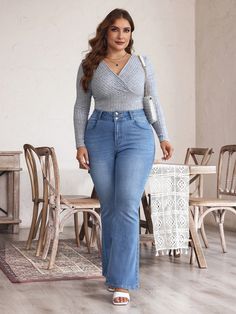 Plus Size Women Pockets Flared Casual Versatile Denim Jeans Light Wash    Denim Plain Flare Leg Medium Stretch  Women Plus Clothing, size features are:Bust: ,Length: ,Sleeve Length: Denim Capri Pants, Womens Flare Jeans, Jeans Light Wash, Jeans Casual, Flare Leg Jeans, Jeans Light, Best Jeans, Plus Size Jeans, Light Wash Denim