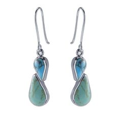 These sterling silver ear wire earrings features drops with two teardrop-shaped turquoise cabs. The cabs are set in bezels that are soldered together to create a facing pair. One cab is sky-blue and the other is sea-green; both exhibit varied and interesting matrix patterns. The ear wire is a breeze to put on and take off—these are ready to sell, ready to wear! Sterling Silver Turquoise Earrings, Silver Turquoise Earrings, Wire Earrings, Jewelry Business, Natural Turquoise, Turquoise Earrings, Tear Drop, Silver Turquoise, Ear Wire