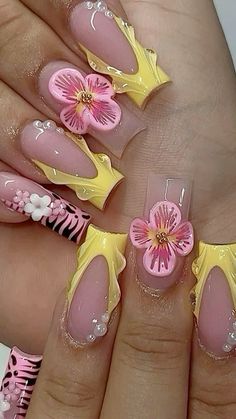 Follow For More ♡ Short Junk Nails Square, Xxl Square Nail Designs, Hot Pink Tropical Nails, Vacation Flower Nails, Y2k Beach Nails, Carnival Nails Ideas, Jamaica Nail Ideas, Pink Tropical Nails, Holiday Nails French