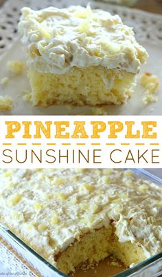 pineapple sunshine cake with white frosting in a glass dish