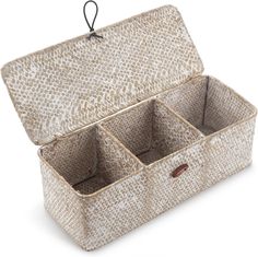 an open storage box with three compartments in the front and one on the back,