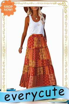 Orange Boho Print High Waist Long Maxi Skirt Casual Patchwork Skirt For Vacation, Bohemian Maxi Skirt With Pockets For Beach, Bohemian Multicolor Skirt With Pockets, Multicolor Skirt For Vacation In Fall, Bohemian Tiered Maxi Skirt With Pockets, Multicolor Beach Skirt For Fall, Long Maxi Skirt, Long Maxi Skirts, Boho Print