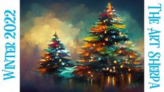 a painting of two christmas trees with lights on them