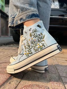 "Price includes: Shoes + Embroidery as shown Embroidered converse/Converse High Tops Garden Of Chrysanthemums, Dandelions, Butterflies and Ladybugs/Embroidered Sneakers/Gifts For Her   Converse Custom shoes are meticulously hand-embroidered with non-fading thread, sturdy and durable. Embroidered Converse shoes can be used for daily use, school shoes, wedding shoes for brides,... Will definitely be a unique gift for girlfriends, niece gifts, daughter gifts, men's gifts,... or any of your relatives. Let me help you pack and send them as gift boxes, you just need: Select \"Gift wrapping available\" when ordering To customize gift boxes, gift wrapping paper suitable for birthdays, Christmas gifts.... please leave a message In addition, I can also help you leave a handwritten message through a Patterns Outfit, Boty Converse, Cute Converse Shoes, Embroidered Sneakers, Embroidered Converse, Cute Converse, Converse Custom, Dr Shoes, Preppy Shoes