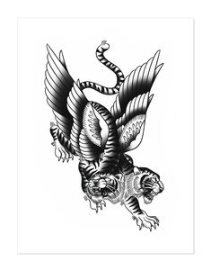 a black and white drawing of an eagle with two snakes on it's back