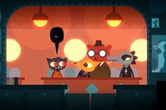 three cartoon characters are sitting at a bar in front of two lamps and one is talking on the phone