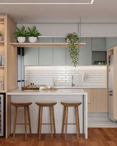 two stools are in front of the kitchen island