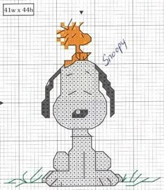 a cross stitch pattern with a dog sitting on top of it's head in the middle