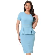 This women's bodycon dress elegant and professional style, shows your unique personal charm, and produces a slimming visual effect. Ruffles peplum detail at the waist on the business dress can draw out the leg and charming looks in the office. Perfect for casual indoor daily wear and outdoor business activities like work, office, interview, meeting, formal occasion wear, and so on. Pair with high heels and a handbag for an elegant and urban chic lady outfit. The model is wearing in size X-Small. (Height: 5'9", Chest: 31 4/5 inches, Waist: 23 1/5 inches, Hip: 36 3/5 inches, Shoulder Length: 16 1/5 inches, Weight: 124.6 lbs) Measurement (in inches) International Size----------Chest Girth----------Waist Girth----------Hip Girth----------Shoulder Width----------Total Length XS----------------- Bodycon Dress Elegant, Lady Outfit, Business Activities, Professional Style, Women Bodycon Dress, Short Sleeve Bodycon Dress, Business Dress, Sleeve Bodycon Dress, Work Dress