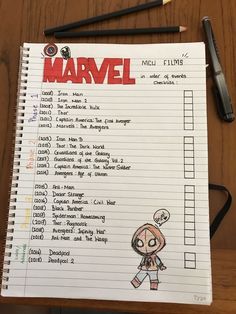 a notepad with the words'marvel'written on it and a pencil next to it