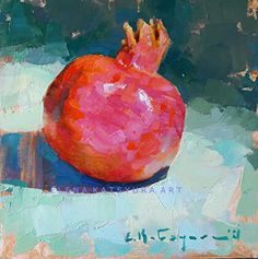 a painting of a pomegranate on a blue background