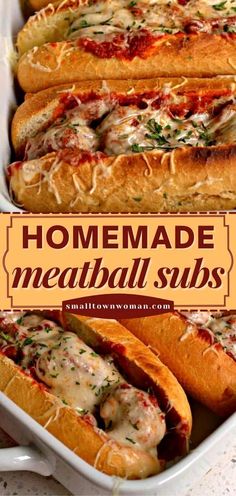 homemade meatball subs in a white casserole dish with text overlay