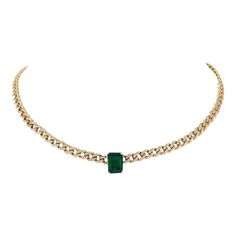 This is part of Chairish’s Fine Jewelry assortment.  Genuine Deep Green Emerald and Diamond Curb Chain Choker Necklace in 18K Gold studded with octagon cut emeralds and diamonds studded on chain. This stunning piece of jewelry instantly elevates a casual look or dressy outfit.  Emerald enhances intellectual capacity of the person. Designed with octagon cut emerald set in center with diamonds studded don a curb chain in solid gold settings. This is a perfect fine emerald necklace. It can be a Unique Gift, Bridal Shower Gift, Girlfriend Gift, Gift For Sister, Mother Daughter Gift, Bride To Be Gift, Bridesmaid Gift, Wedding Gift, Grandma Gift, Engagement Gift or any Holiday Gift for Mother, Sister, Daughter, Grandma, Fiancé, Girlfriend, Valentine, Family or Friend on your list.  PRODUCT DETAI Green Formal Jewelry Chain, Formal Green Chain Jewelry, Luxury Green Chain Jewelry, Luxury Green Jewelry With Adjustable Chain, Green Luxury Jewelry With Adjustable Chain, Emerald Chain Jewelry As A Gift, Emerald Chain Jewelry For Gift, Emerald Choker, Emerald Set