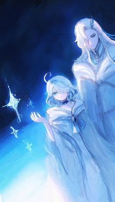 two white haired women standing next to each other in front of a blue sky with stars