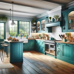 a kitchen filled with lots of green cabinets and counter top space next to a wooden floor