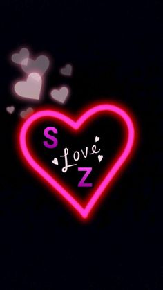 a neon pink heart with the words love z on it's side and hearts in the background