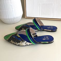 Brand: Mix No 6 Style: Izabela Size: 6 Excellent Brand New Condition, Nwot Flats Color(S): Blue, Green, Black, Beige, Cream Snake Skin Detail, Point Toe, Strap So Stylish! Perfect For So Many Styles And Occasions. We Ship Fastsame Or Next Day! Trendy Multicolor Mules For Spring, Multicolor Pointed Toe Mules For Summer, Casual Blue Mules With Flat Heel, Casual Green Pointed Toe Mules, Casual Blue Flat-heel Mules, Blue Synthetic Flats For Summer, Blue Synthetic Summer Flats, Trendy Blue Summer Flats, Trendy Blue Slip-on Mules