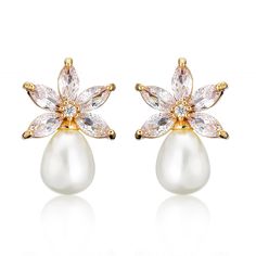 two pairs of earrings with white pearls and crystal stones on the front, one in yellow gold