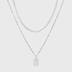 Add some layered interest to your look with this Silver Rectangle Charm Chain Necklace from A New Day™. This double layered chain necklace in a silver finish makes a versatile and stylish pick with a range of outfits. The longer chain has small beads at regular intervals along the entire length and suspends a rectangular charm accent for an elegant look. This fashion jewelry accessory fastens with a classic lobster clasp closure for secure and easy wear. Pair with a range of casual ensembles or Necklace Png, Target Jewelry, Rectangle Necklace, Layered Chain Necklace, Layered Chain, Charm Chain, Small Beads, Layered Chains, Chain Pendant