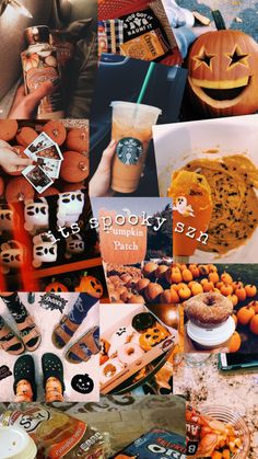 a collage of photos with pumpkins, cookies and drinks