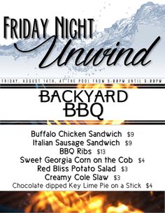 the flyer for friday night dinner at backyard bbq, which is set up in front of